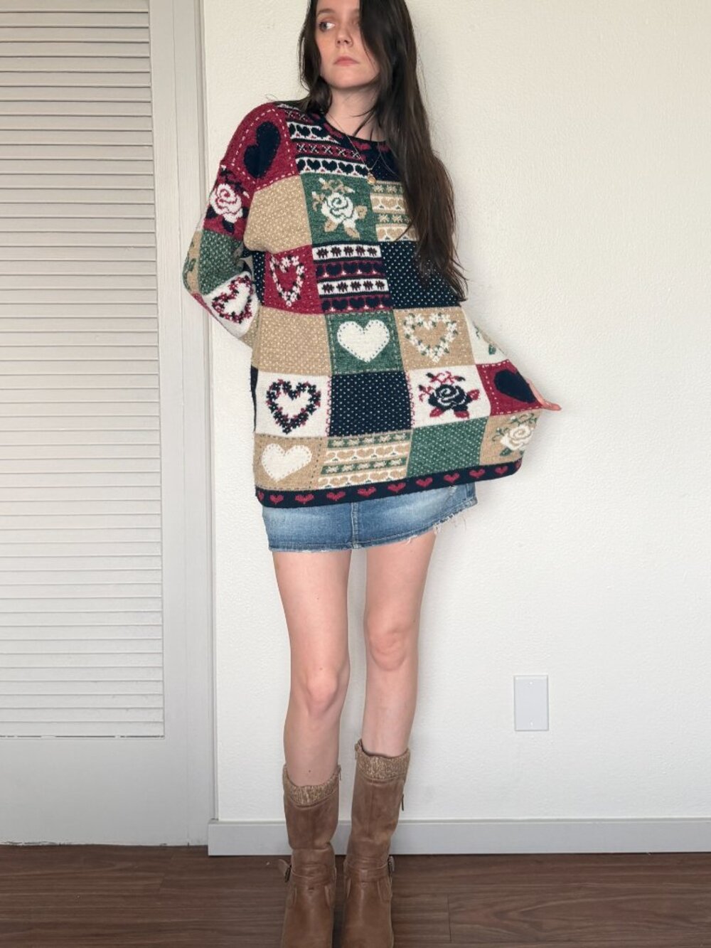 90s Collage Sweater (L) large red blue womens cottagecore sqaures chunky holiday
